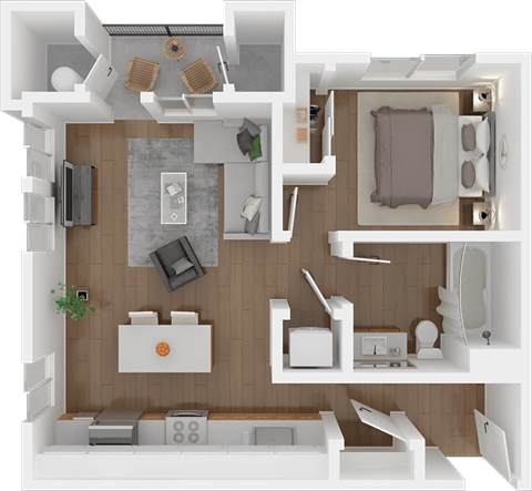 Floor plan for 1 bed, 1 bath, 654 sqft